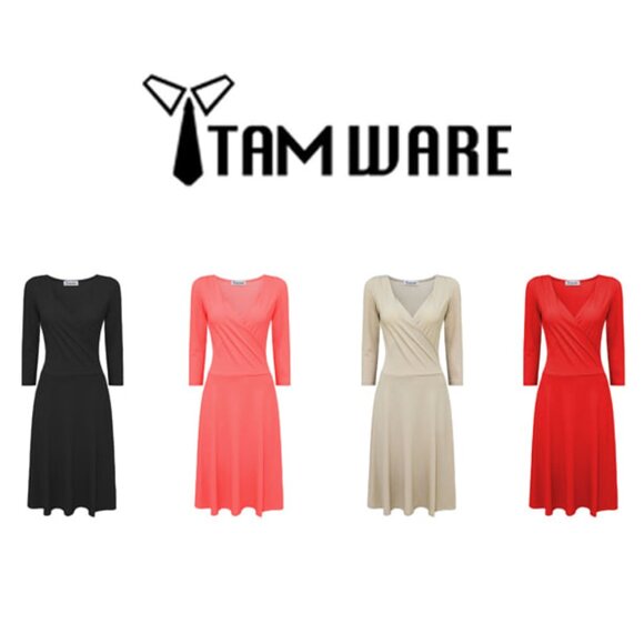 NWT Tam Ware Surplice Neckline 3/4 Sleeve Beige Skater Dress Large - Picture 4 of 9